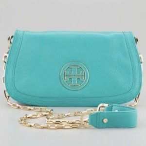 Teal Tory Burch Amanda Logo clutch NWT